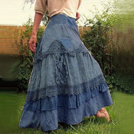 Plshop Size Women's Summer Vintage Ruffles Oversized Lace Maxi Skirts