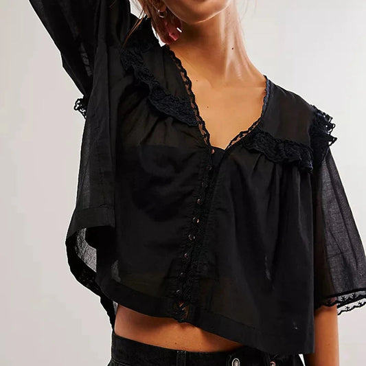 Low Cut Chiffon Ruffle Lace Trim Bloshope