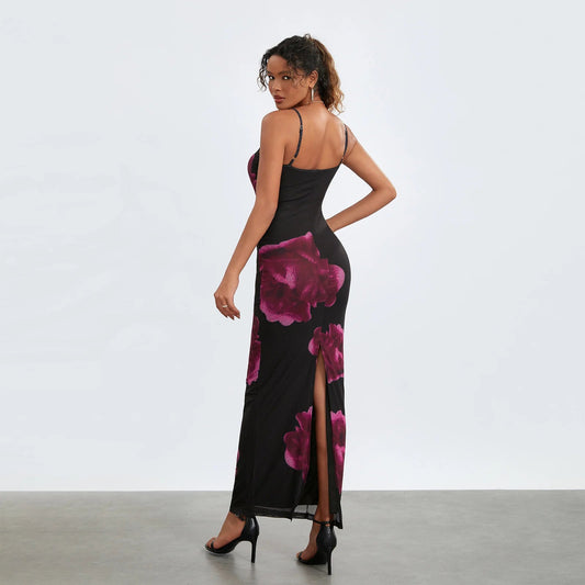 Sleeveless Spaghetti Strap Floral Split Back Hem Dress