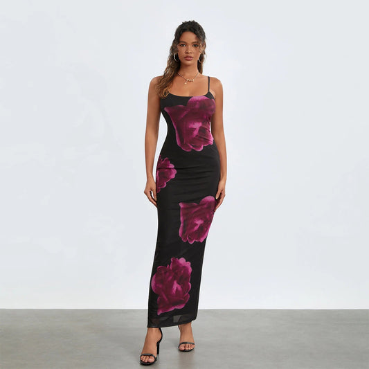 Sleeveless Spaghetti Strap Floral Split Back Hem Dress