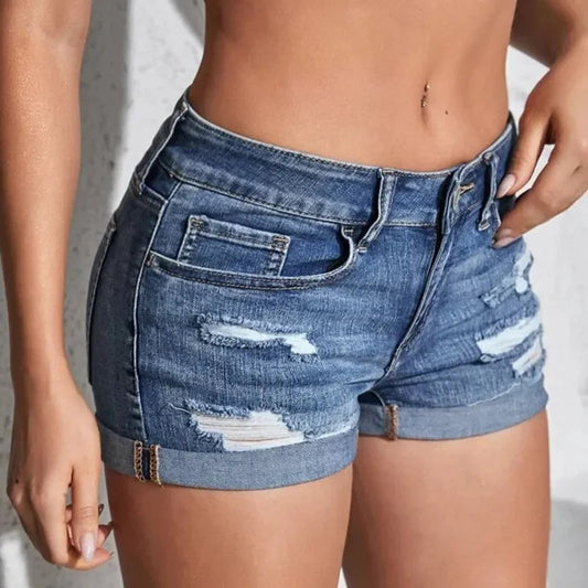 Split Denim Curled Cuff Short