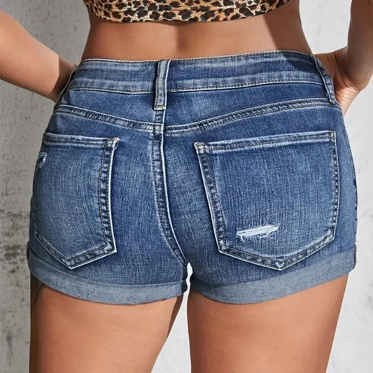 Split Denim Curled Cuff Short
