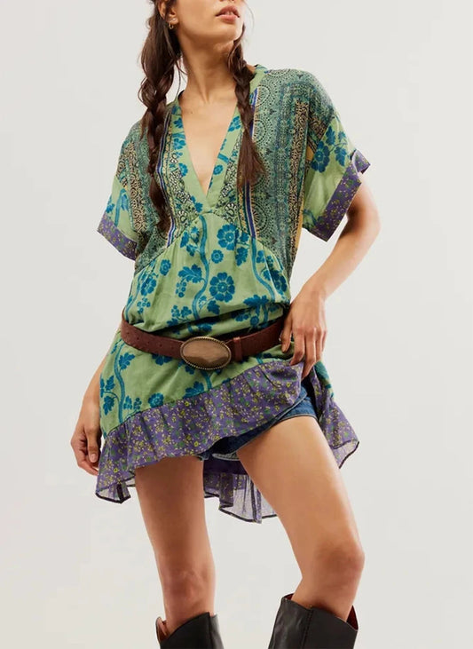 Summer Bohemian Babydoll Floral Print V-Neck Dress