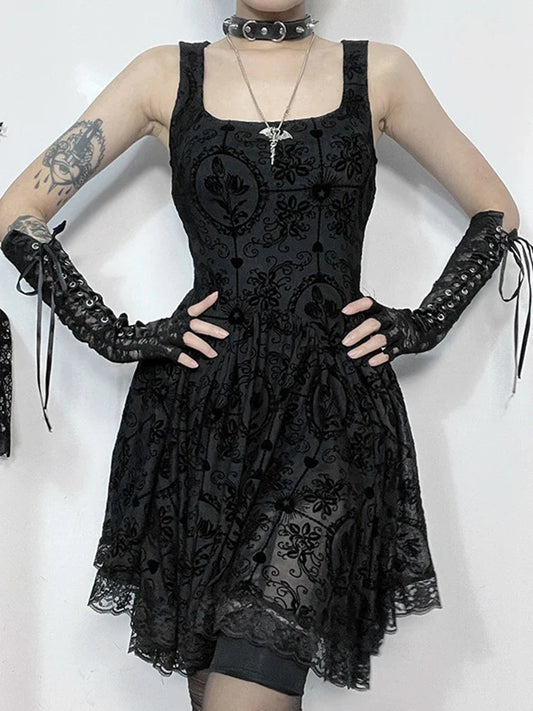 Gloomy Cravat Lace Hem Tiny Dress