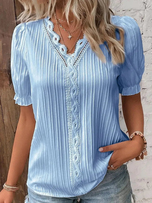 Solid Sexy V-neck Splice Short Sleeve Bloshope