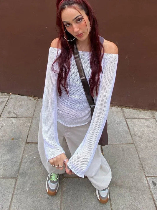 Off Shoulder Solid Color See - Through Sweater