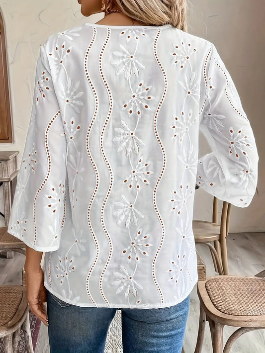 Casual Loose V-neck Lace Splicing White Bloshope
