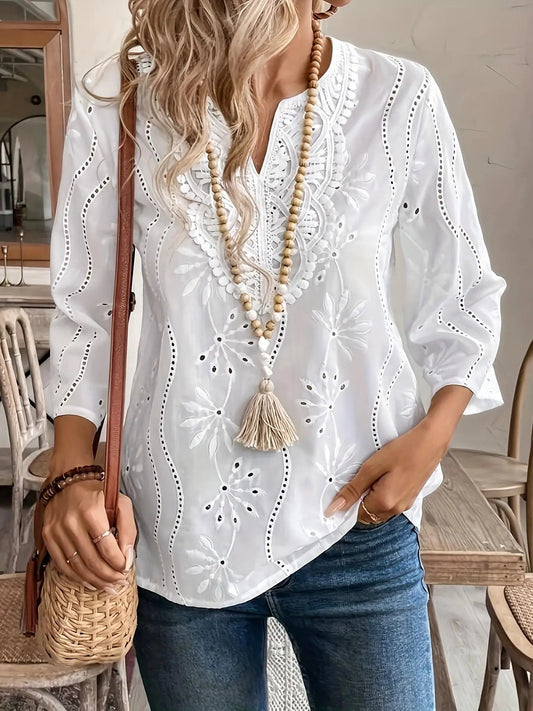 Casual Loose V-neck Lace Splicing White Bloshope