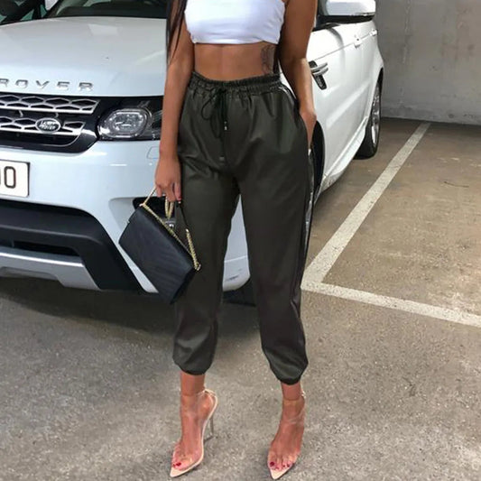 Faux Leather High Waist Joggers Pants