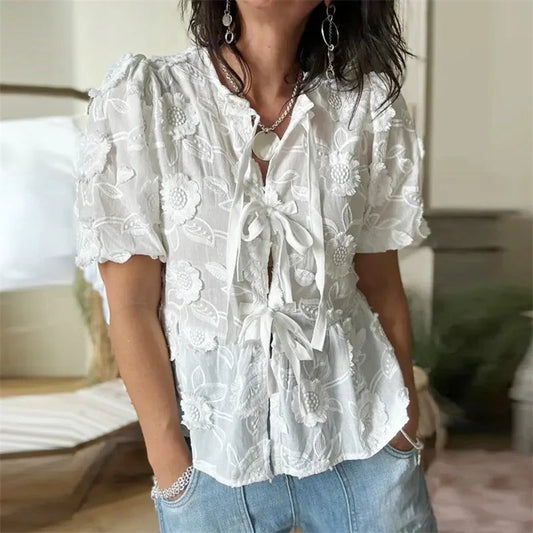 Floral Embroidery Puff Short Sleeve Bloshope