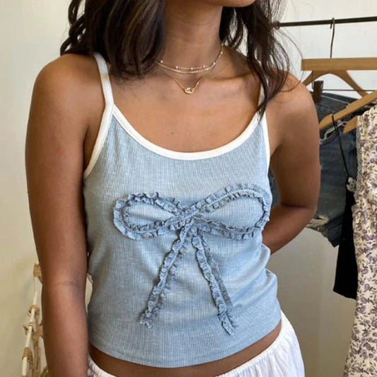 Y2K Aesthetic Slim Fit Sweet Vest Fairy Bow Embroidery Sleeveless O Neck Crop Top