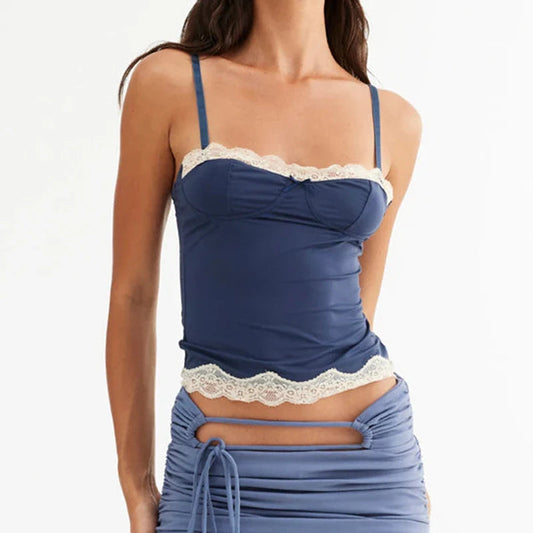 Lace Trim Spaghetti Strap Vintage Slim Crop Top