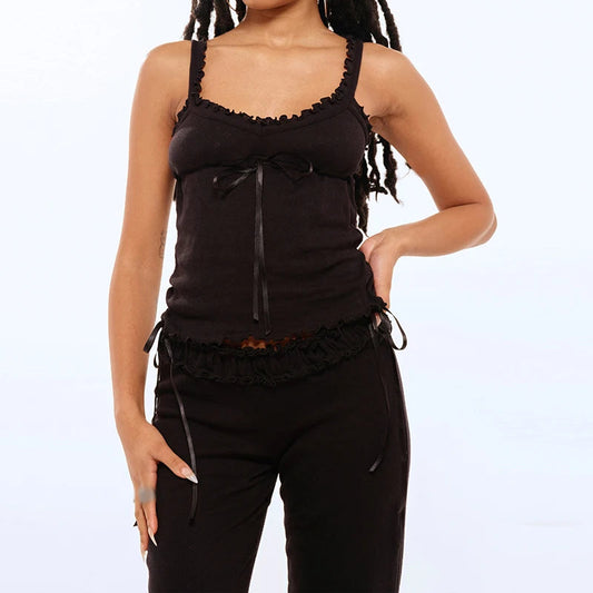 Tree Fungshop Eyelet Sleeveless Cami Wide Leg Pants Two Pieces Set