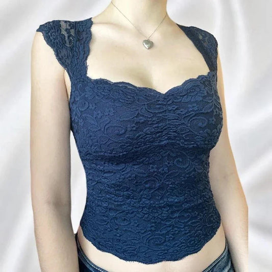 Blue Floral Lace Milkmaid Y2K Crop Top