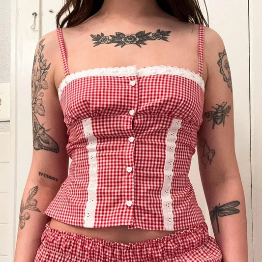 Gingham Lace Trim Crop Top