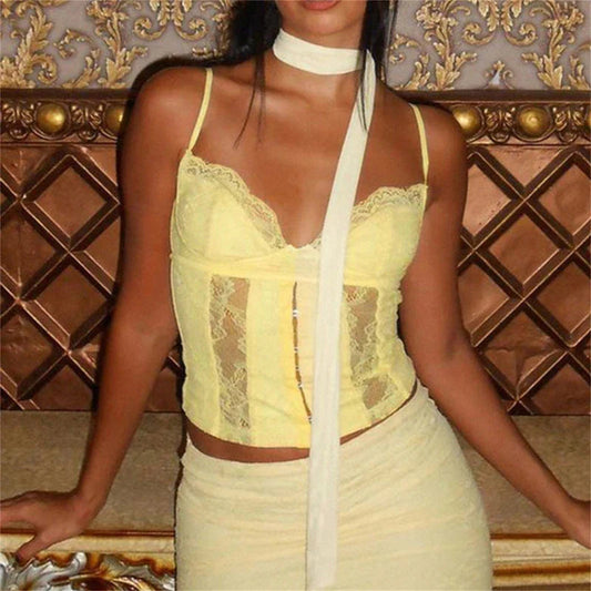 Y2K V-neck Bshoptier Vintage Lace Trim Backless Slim Fit Camisole Crop Top