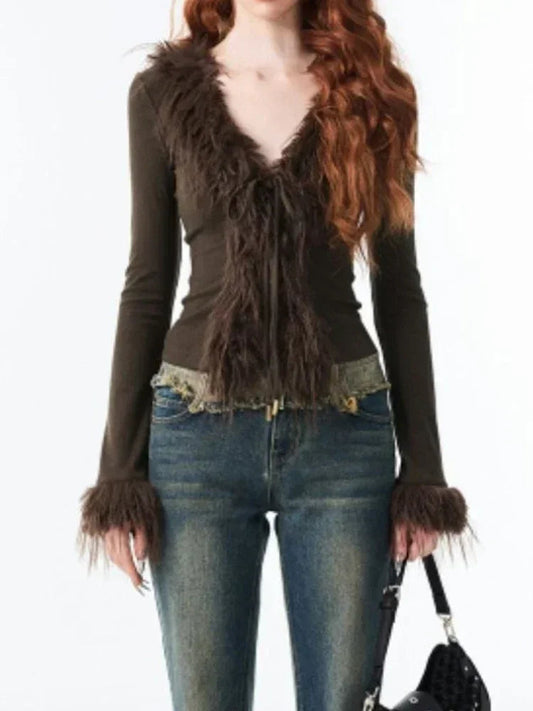 Bandage Fur Patchwork V-Neck Cardigan