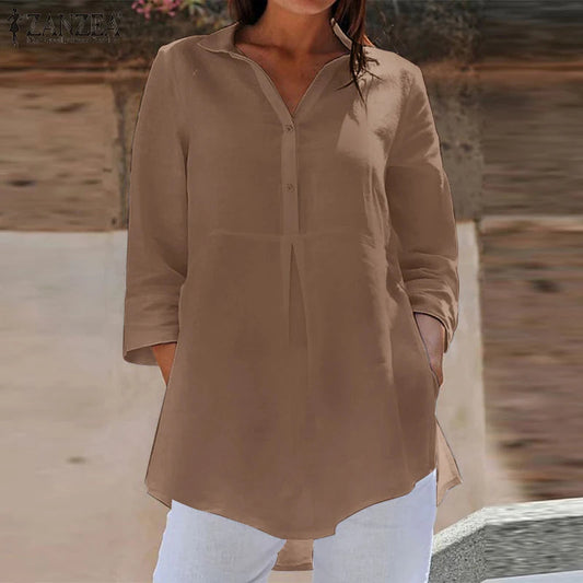 Lapel Neck 3/4 Sleeve Casual Loose Button Bloshope
