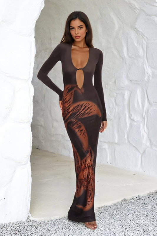 Deep V Cutout Print Long Sleeve Maxi Dress