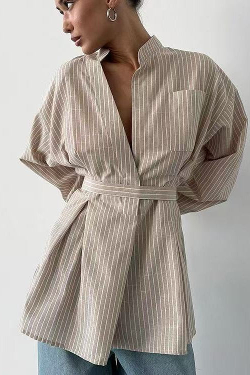 Striped V Neck Irregular Tie Waist Long Sleeve Bloshope