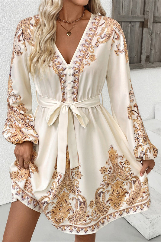 Chic Paisley Print V Neck Ethnic Mini Dress