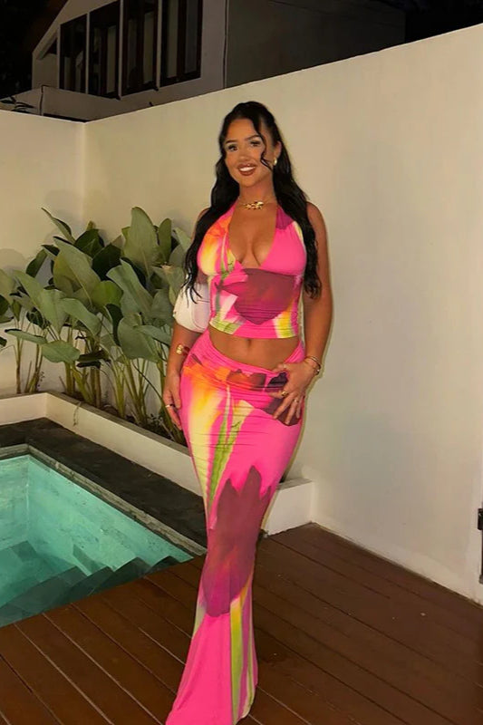 Halter Neck Printed Crop Top Bodycon Maxi Dress