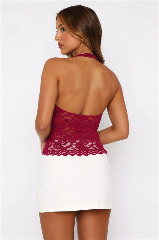 Sheer Lace Halter Backless Knit Top