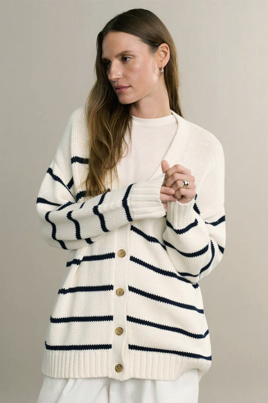 Flattering Striped V Neck Relaxed Knit Cardigan