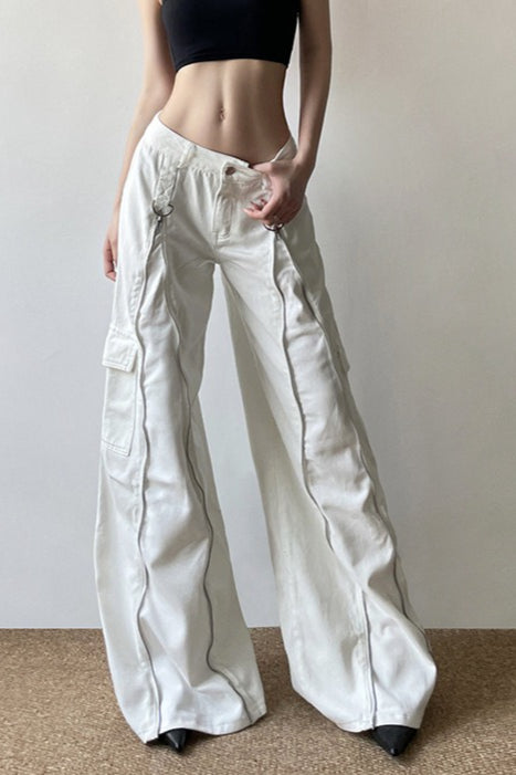 Long Zipper Pocket White Cargo Wide Leg Jeans