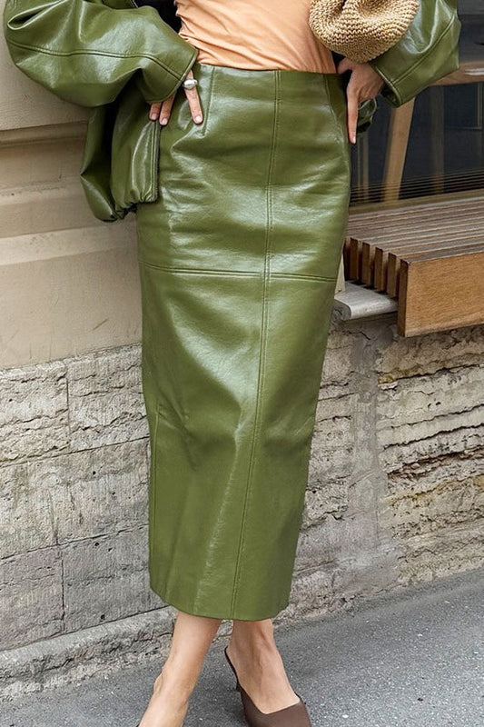Faux-Leather Front-Slit Midi Skirt