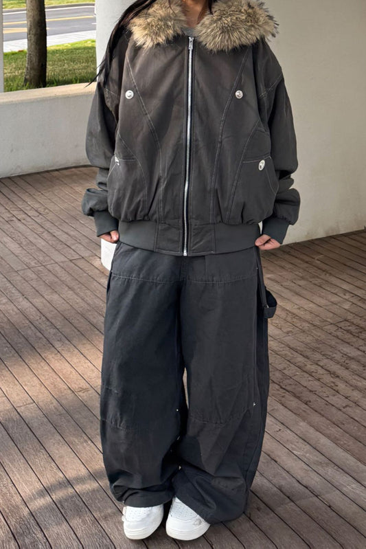 Black Short Puffer Fur Collar Jacket