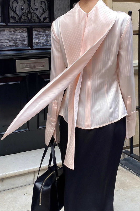 Striped Satin Turtleneck Tie Waist Slim Blouse