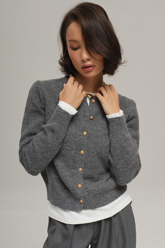 Minimalist Knitted Gold Buckle Crew Neck Cardigan