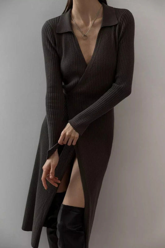 Belted Long Sleeve Solid Knit Sweater Dress