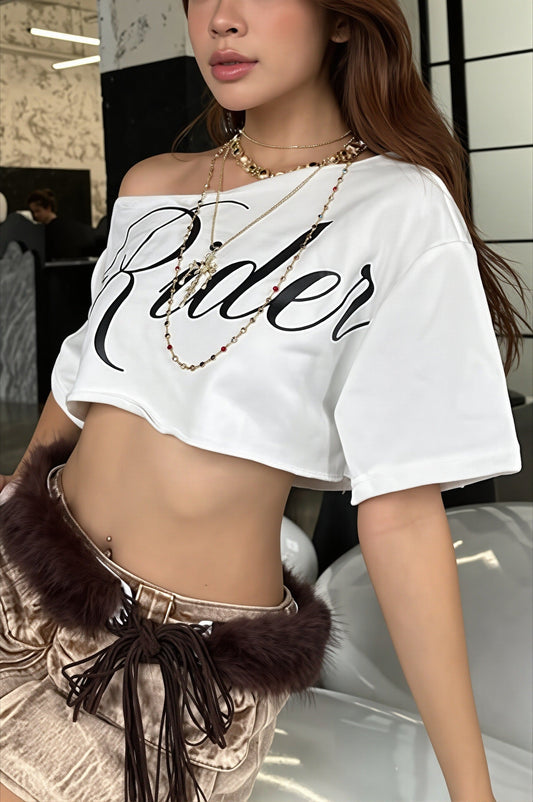 Casual Off Shoulder Cropped Print T-Shirt