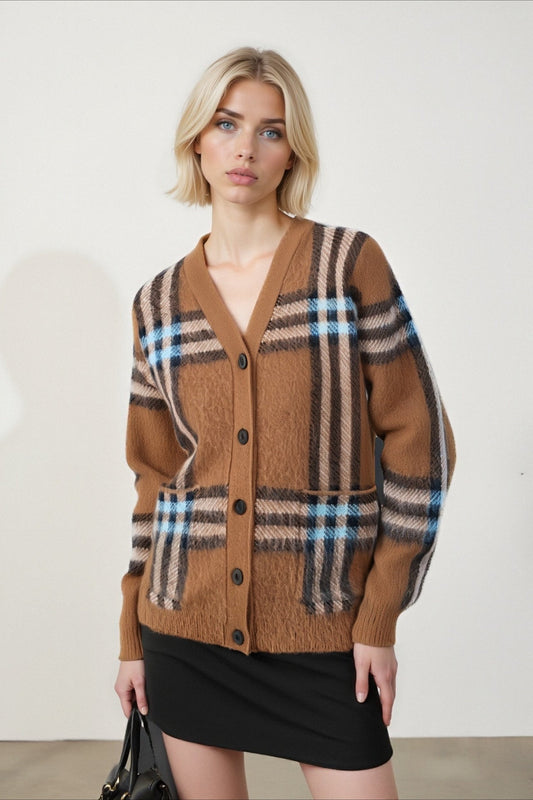 Plaid Retro Loose Plshop Size V Neck Knit Cardigan