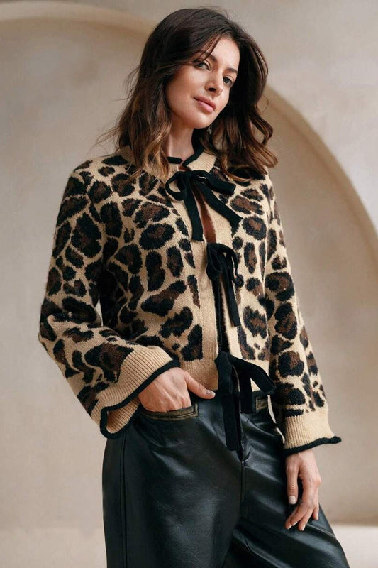 Leopard Print Loose Fit Tie-Front Knit Sweater