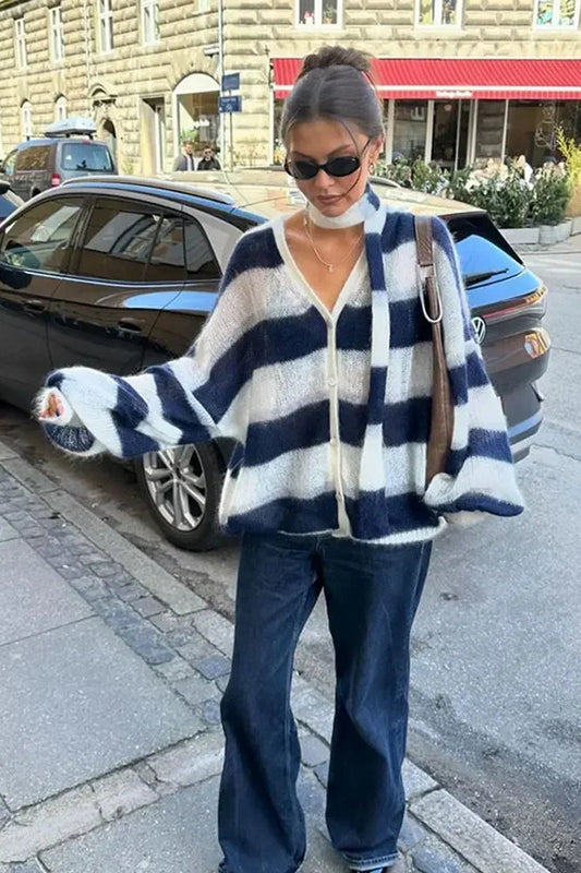 Striped Contrast V-neck Loose Cardigan