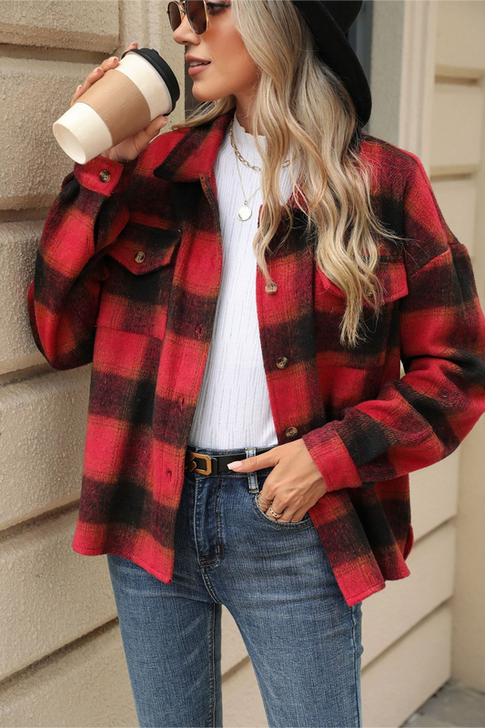 Loose Plaid Lapel Faux Wool Long Sleeve Coat