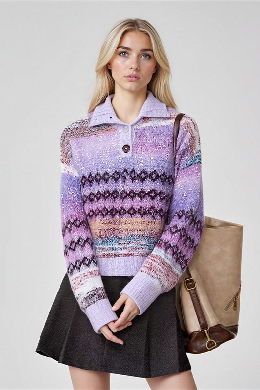Gradient Fair Isle Jacquard Lurex Collared Loose Sweater