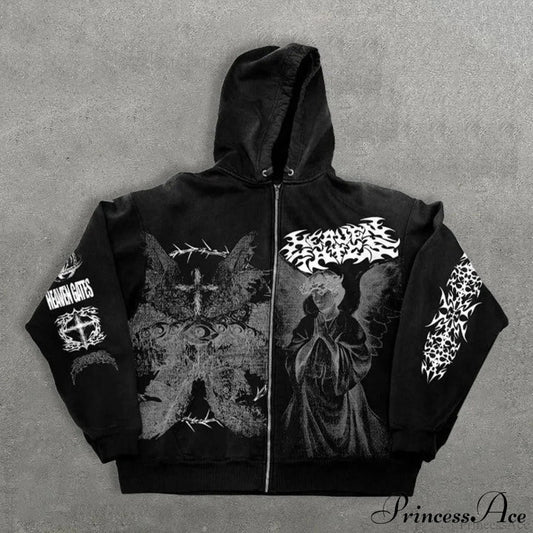 Angel Print Y2K Zip Loose Hoodie