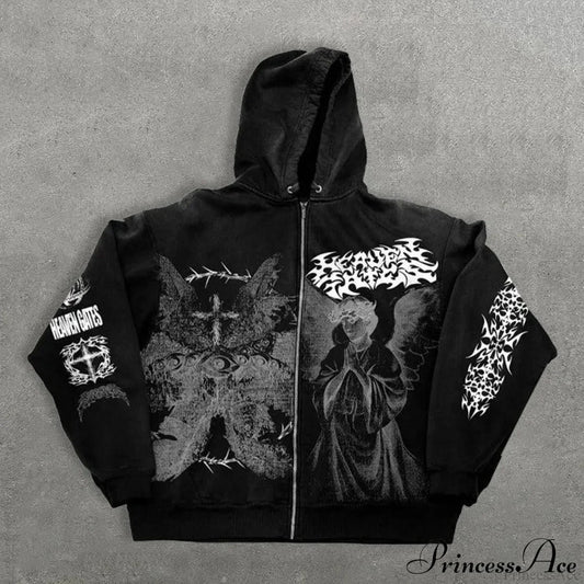 Angel Print Y2K Zip Loose Hoodie