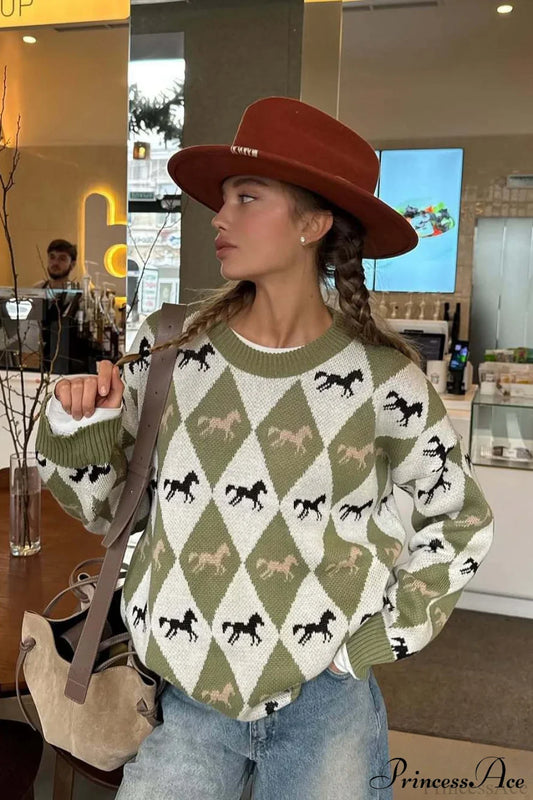 Argyle Colorblock Chillax Crew Neck Pullover Sweater