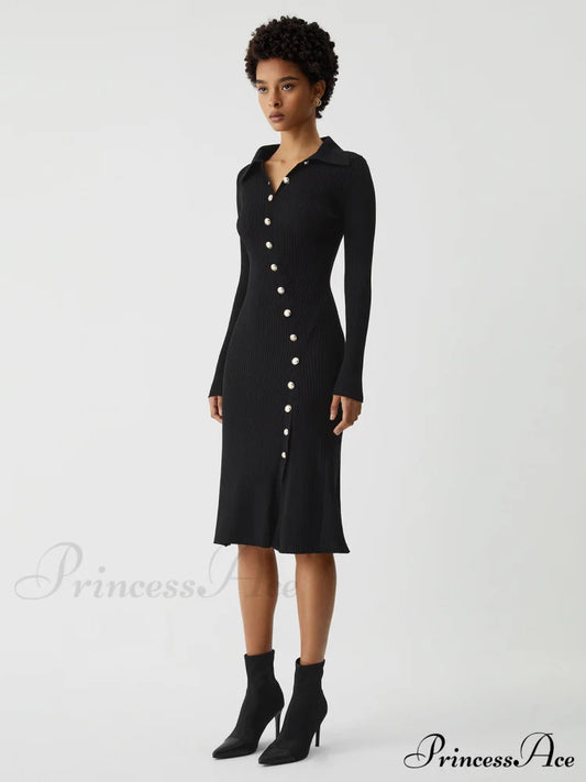 Asymmetric Button Down Long Modern Sleeve Midi Sweater Dress Sweaters-L