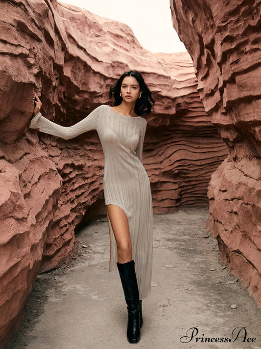 Asymmetric Split Graceful Sweater Long Dress Light Brown / Xs Sweaters-L