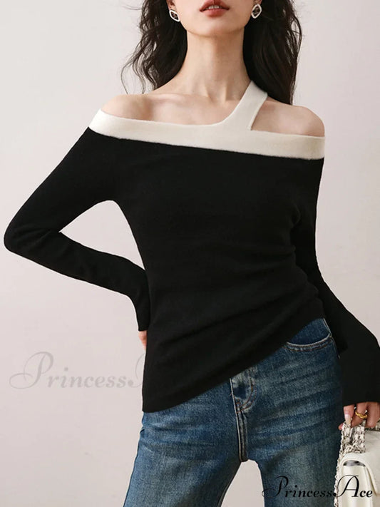 Asymmetric Strap Graceful Off-Shoulder Top Sweaters-L