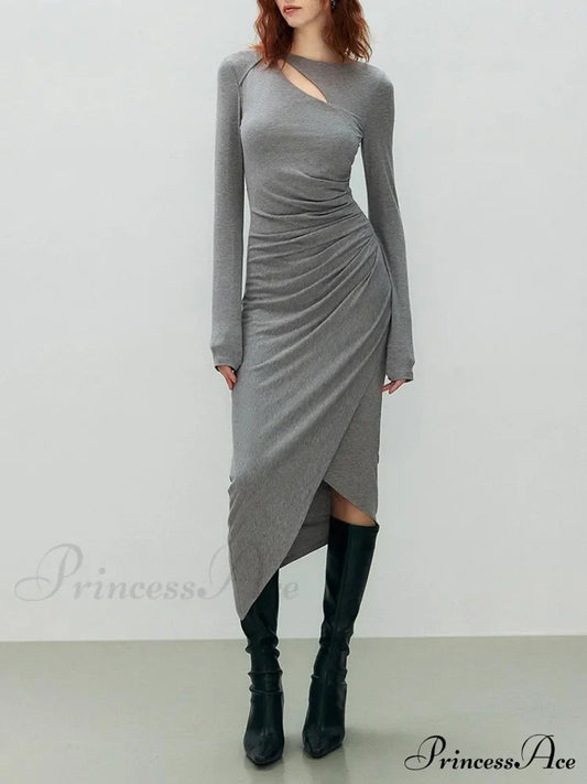 Asymmetrical Draped Cutout Crew Neck Classic Long Sleeve Midi Knit Dress Grey / Xs Dresses