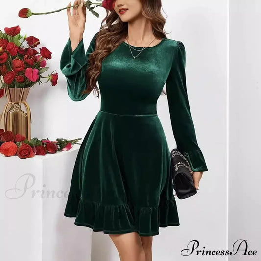 Autumn Winter A-Line Ruffles Elegant Party Golden Velvet Mini Nightdress Christmas Party Dress
