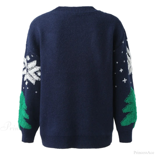 Autumn Winter Knitted Spliced Vintage Loose Round Neck Long Sleeve Christmas Sweater Sweaters-L