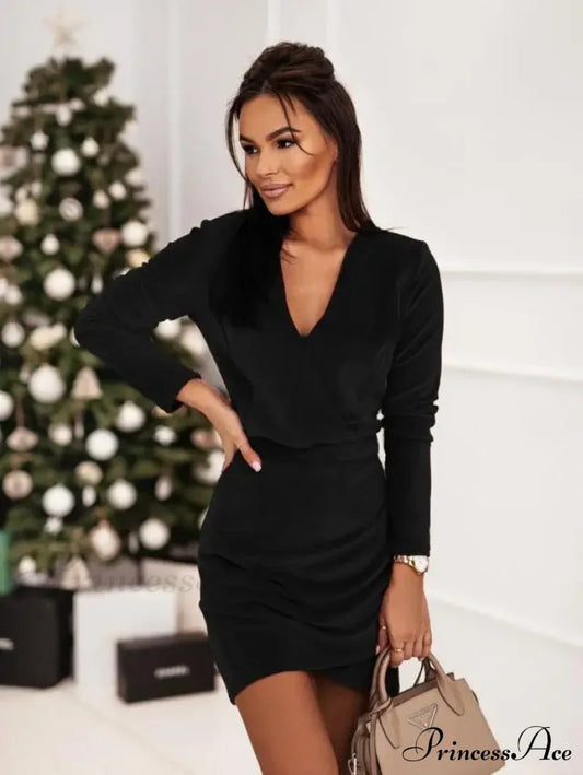 Autumn Winter New Commuting Sexy Fashion V-neck Pullover Velvet Christmas Party Dress